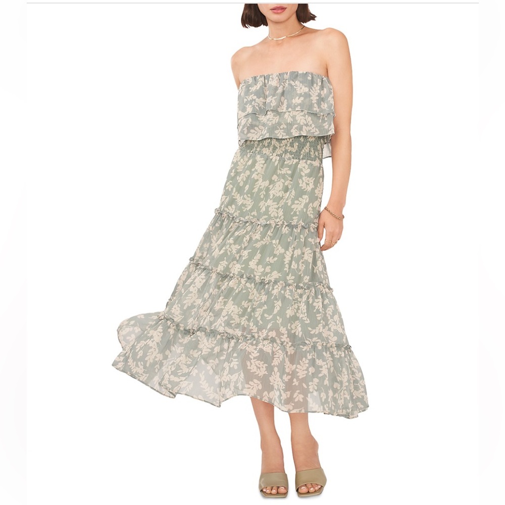 1.STATE Floral Print Bandeau Tiered Midi Dress
